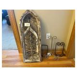 Decorative Arched Window Panels - Iron Scrollwork, Distressed Whitewash (Lot of 3) w Stands