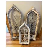 Decorative Arched Window Panels - Iron Scrollwork, Distressed Whitewash (Lot of 3) w Stands