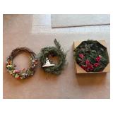 Wreaths (Lot of 3) - Boxed Evergreen, Snowman Wreath, Floral Grapevine Ring