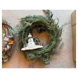 Wreaths (Lot of 3) - Boxed Evergreen, Snowman Wreath, Floral Grapevine Ring