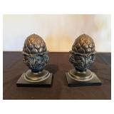 Vintage Iron Ornate Frame Stand with 2 Pinecone Finials & 2 Amber Glass Lamps