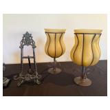 Vintage Iron Ornate Frame Stand with 2 Pinecone Finials & 2 Amber Glass Lamps