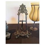 Vintage Iron Ornate Frame Stand with 2 Pinecone Finials & 2 Amber Glass Lamps