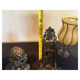 Vintage Iron Ornate Frame Stand with 2 Pinecone Finials & 2 Amber Glass Lamps