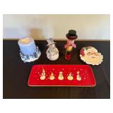 Christmas Decor Lot - Snowman Candle, Glitter Snowman, Snowman Jar, Santa Plate, Tray
