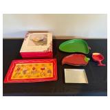 Chip & Dip Set with Leaf-Shaped Plates, Green Platter, Red Leaf Plates, & Tray