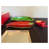 Chip & Dip Set with Leaf-Shaped Plates, Green Platter, Red Leaf Plates, & Tray
