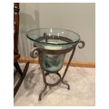 Antique Windsor Arm Chair & Glass Hurricane Candle Holder on Iron Stand