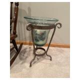 Antique Windsor Arm Chair & Glass Hurricane Candle Holder on Iron Stand