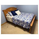 Queen Bed with Simmons Innerspring Mattress - Pine Wood Frame, Blue Floral Quilt