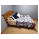 Queen Bed with Simmons Innerspring Mattress - Pine Wood Frame, Blue Floral Quilt