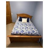 Queen Bed with Simmons Innerspring Mattress - Pine Wood Frame, Blue Floral Quilt