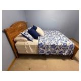 Queen Bed with Simmons Innerspring Mattress - Pine Wood Frame, Blue Floral Quilt