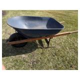 Wheelbarrow with Blue Metal Tub & Wooden Handles - Single Wheel