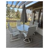 Round Glass-Top Outdoor Patio Table Set with Umbrella - 6 Woven Sling Chairs, White
