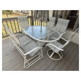 Round Glass-Top Outdoor Patio Table Set with Umbrella - 6 Woven Sling Chairs, White