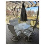 Round Glass-Top Outdoor Patio Table Set with Umbrella - 6 Woven Sling Chairs, White