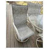 Round Glass-Top Outdoor Patio Table Set with Umbrella - 6 Woven Sling Chairs, White