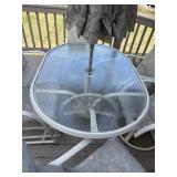 Round Glass-Top Outdoor Patio Table Set with Umbrella - 6 Woven Sling Chairs, White