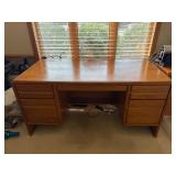 HON Oak Wood Office Desk - 6-Drawer Double Pedestal with Center Kneehole