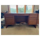 HON Oak Wood Office Desk - 6-Drawer Double Pedestal with Center Kneehole