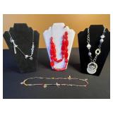 Red Bead Necklace Set with Treska Sunburst Pendant & Silver Tone Charm Necklaces
