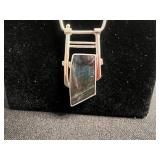 Signed Sterling Pendant Necklace - Rectangular Dark Stone on Silver-Tone Chain