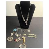 Vintage Jewelry Collection: Rhinestone Necklace, Turquoise & Crystal Brooches, Pins - all missing stones or back pins