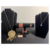 Matching Gold-Tone Coral Floral Bracelet (missing stone) & Earrings AND Matching Necklace & Bracelet w Large Iridescent Crystals & More!