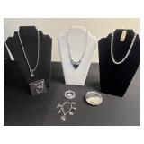 Lot of 3 Necklaces Inc Ralph Lauren, Sarah Coventry & Navika, Swan Pendant, Heart Charm Bracelet - quarter pictured for sizing