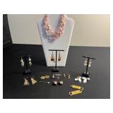 Pink Bead Multi-Strand Necklace with Faux Pearls, Mickey & Minnie Clips, Virgin Mary Charms & Mixed Earrings