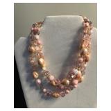 Pink Bead Multi-Strand Necklace with Faux Pearls, Mickey & Minnie Clips, Virgin Mary Charms & Mixed Earrings