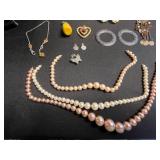 Vintage Pearl (unverified) Necklace Set With Heart Pendant & Leaf Earrings - Assorted Jewelry Collection
