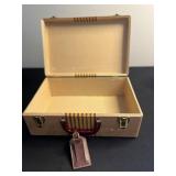 Vintage Travel Jewelry Box - Striped Fabric Exterior, Burgundy Handle, Leather Tag