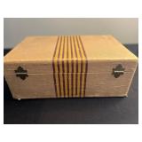 Vintage Travel Jewelry Box - Striped Fabric Exterior, Burgundy Handle, Leather Tag