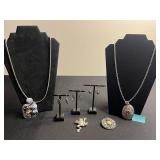 Vintage Silver-Tone Jewelry Set: Heart Pendant Necklace, Whiting Davis Locket, Premier Necklace & Turquoise Earrings