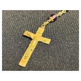 Gold-Tone Rosary Necklace with Pink Beads, Heart Charm & Crucifix Pendant