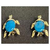 Turquoise Drop Pendant Necklace Set, Opal Like Pendant on 14K GF Chain; Plus Turquoise Turtle Earrings