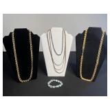 Metal Chain Necklace Lot - 3 Necklaces (one RMN) & Beaded Bracelet (Lot of 4)