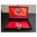 Vintage Black Jewelry Box - Star Pattern Top, Red Velvet Interior & Mirror