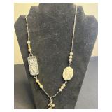 Assorted Trendy Necklaces & Pendants - Agate Slices, Enamel Tiles, Beads in a Display Case