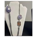 Assorted Trendy Necklaces & Pendants - Agate Slices, Enamel Tiles, Beads in a Display Case