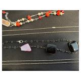 Assorted Trendy Necklaces & Pendants - Agate Slices, Enamel Tiles, Beads in a Display Case