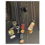 Assorted Trendy Necklaces & Pendants - Agate Slices, Enamel Tiles, Beads in a Display Case