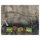 Assorted Trendy Necklaces & Pendants - Agate Slices, Enamel Tiles, Beads in a Display Case