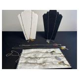 Vintage Key & Charm Necklaces Set with Purple Stamp Pendant & Tassels in Display Case