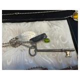 Vintage Key & Charm Necklaces Set with Purple Stamp Pendant & Tassels in Display Case