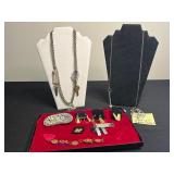 Lariat Necklaces & Vintage Costume Jewelry with Key Charms in Display Case