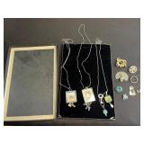 Vintage Stamp Pendant Necklaces & Rhinestone Brooches in Display Case - brooches missing stones or pins