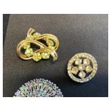 Vintage Stamp Pendant Necklaces & Rhinestone Brooches in Display Case - brooches missing stones or pins